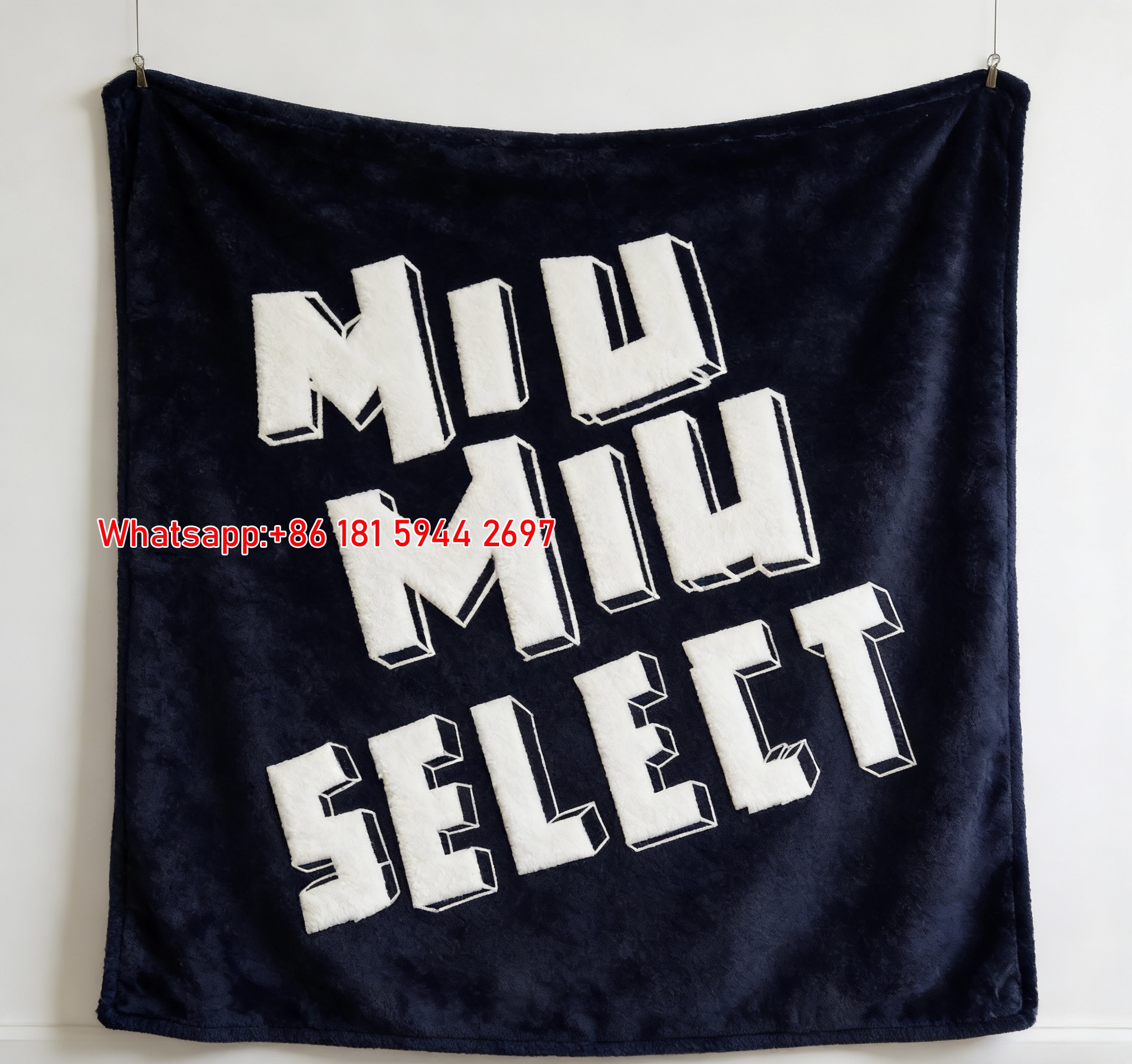 Miu Miu Select 3D Bold Logo Navy Blue Flannel Throw Blanket Miu Miu Graphic Printed Sofa Blanket IMG_0373